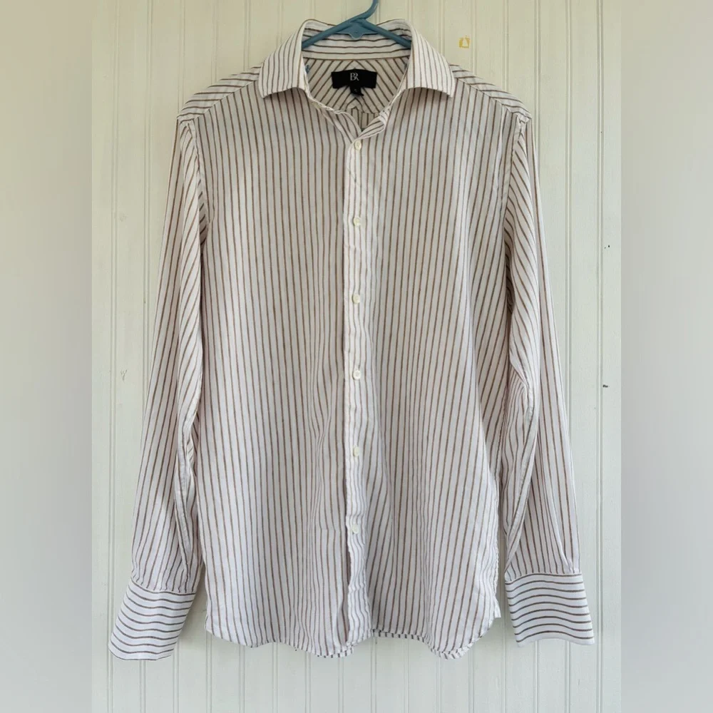 Banana Republic Men’s White Tan Striped Slim Linen-Cotton Dress Shirt Size Small
